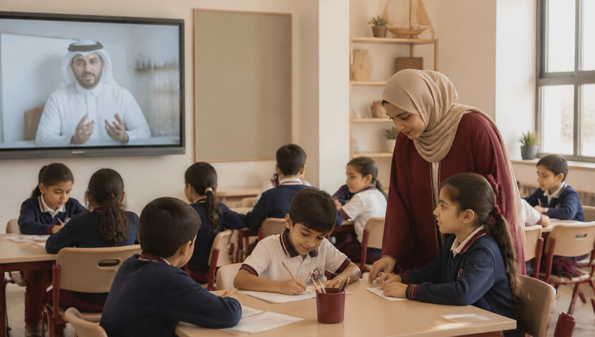 طلاب في المرحلة الابتدائية يتعلمون داخل صف قطري مع مشرفة صفية وشاشة تعرض معلمًا عن بُعد